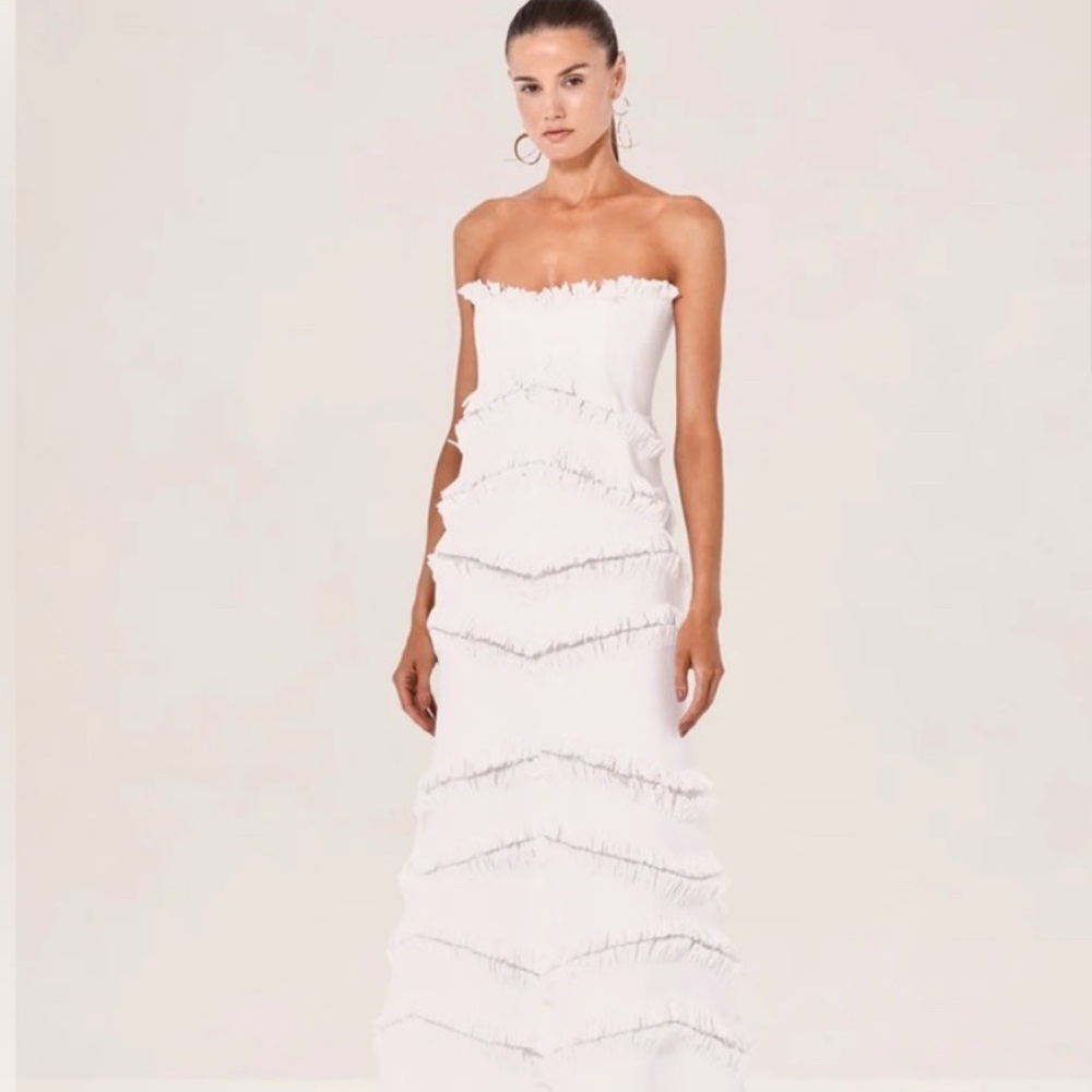 Alexis White Strapless Fringe Tiered Gown